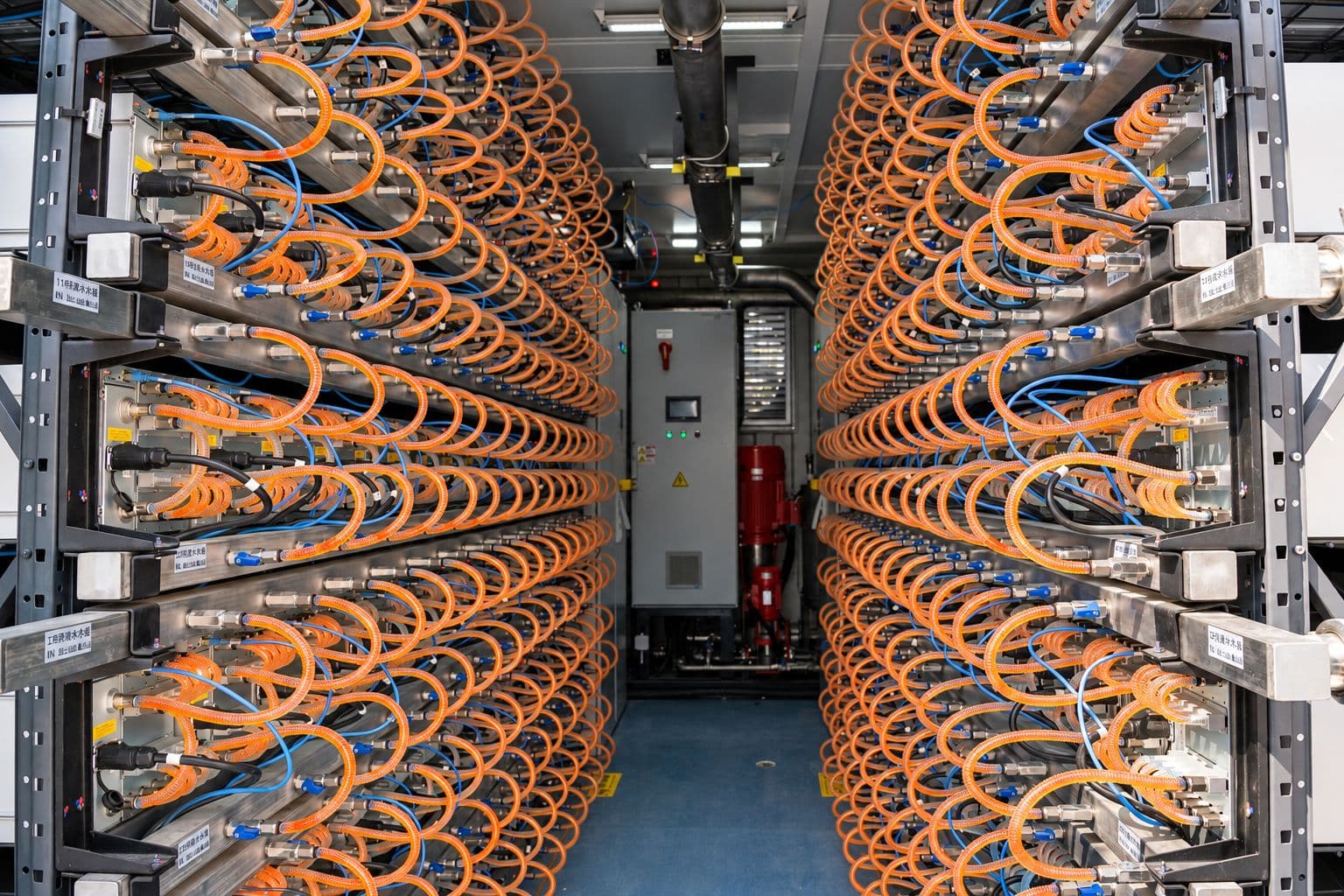 Rows of orange coolant hoses feeding hydro miners